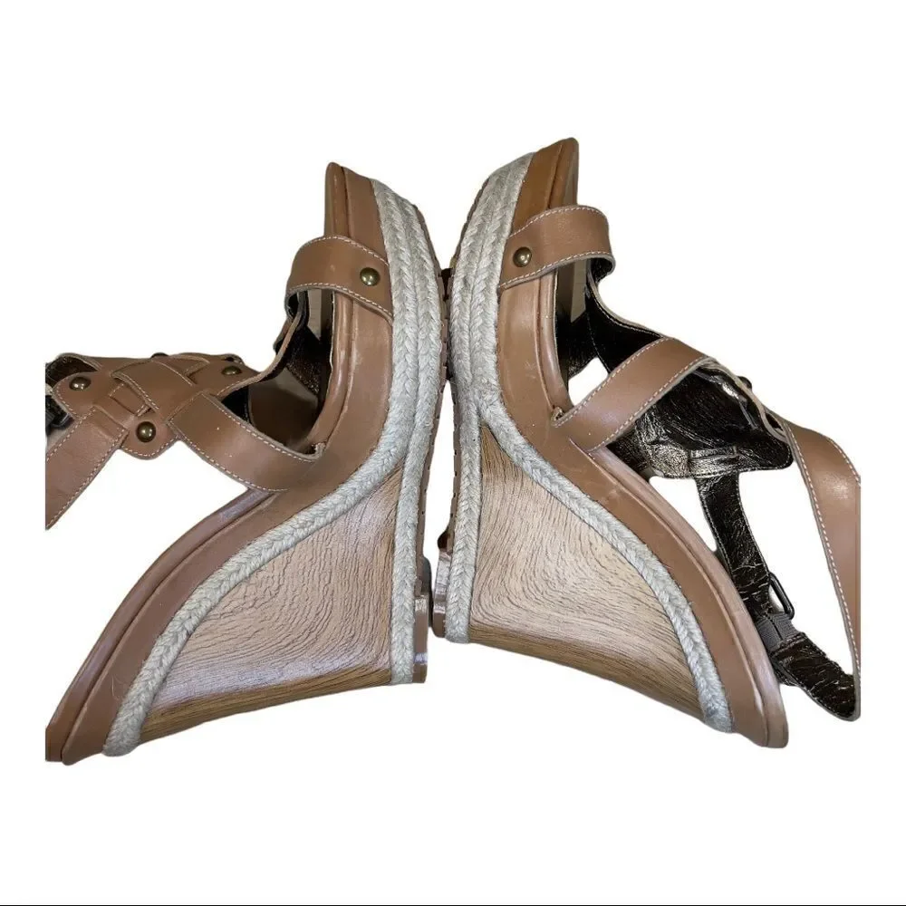 Charles David Womens  Tan Faux Leather Wedge Sandals Size 8.5 Faux Wood